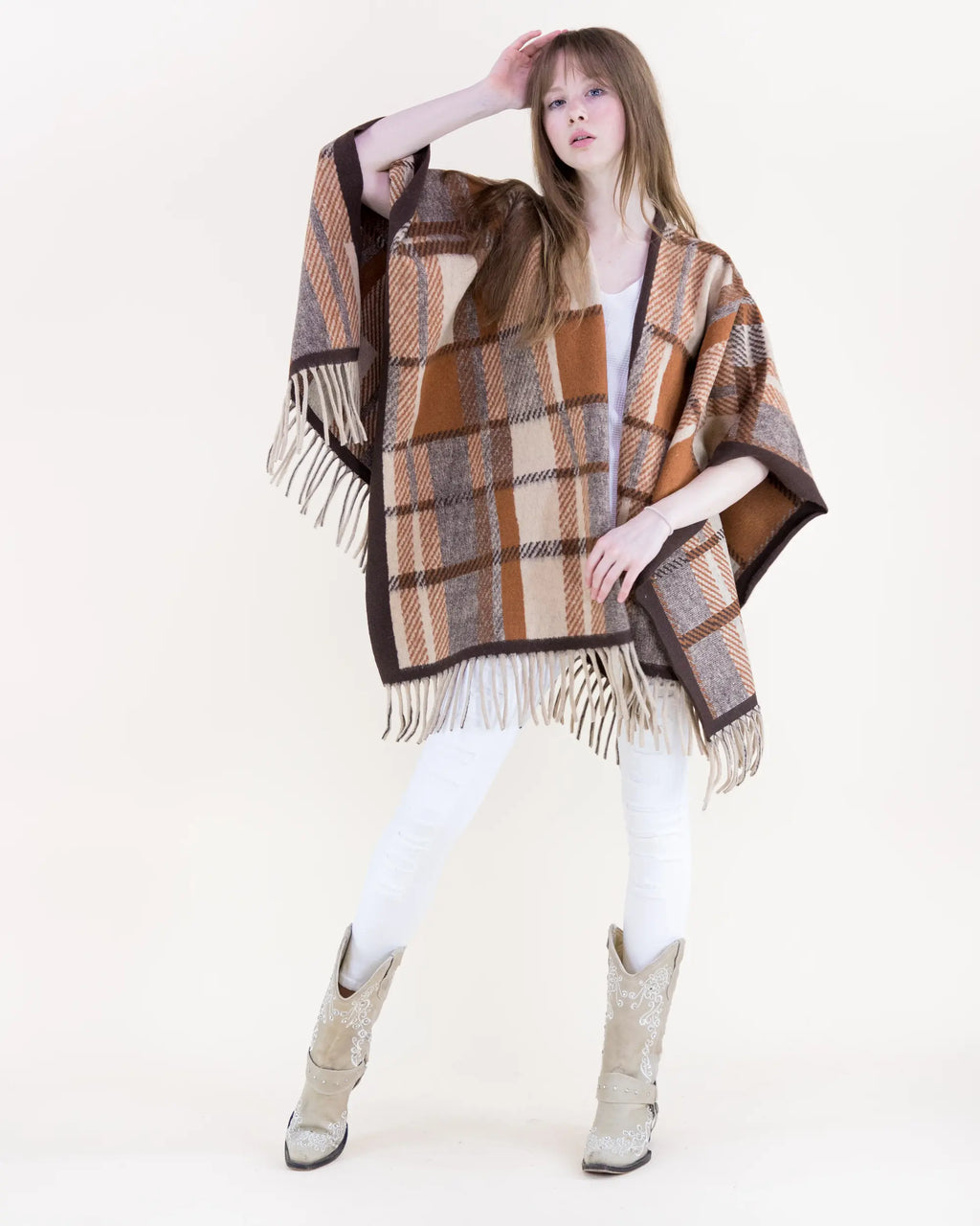 Brown Plaid Open-Front Wrap With Fringe Hem