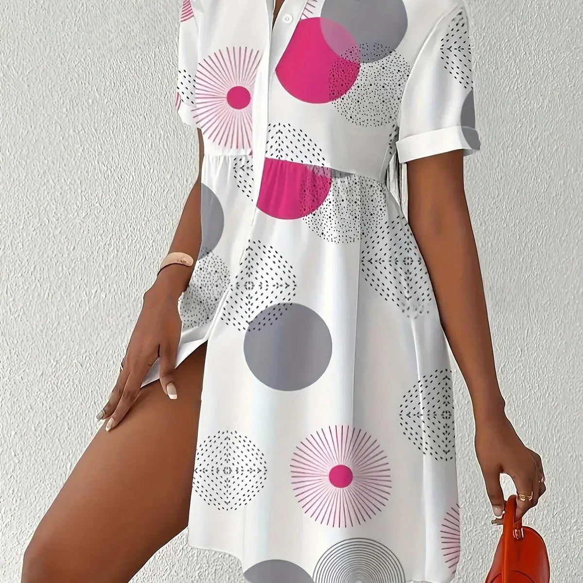 White Short Sleeve Shirt Dress With Pink Circle Print