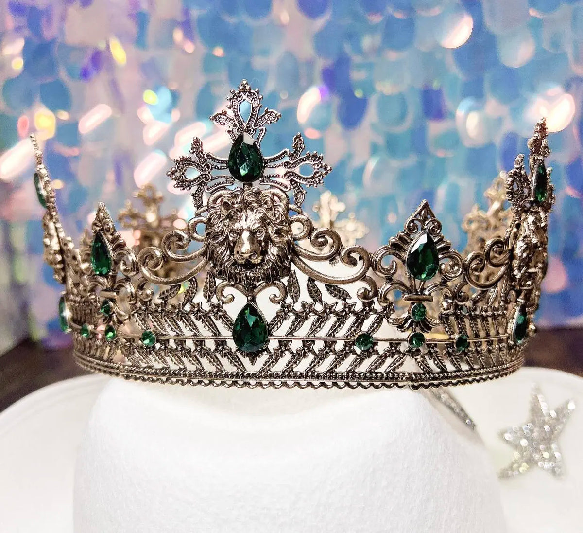 Antique Silver Crown With Green Gem Accents