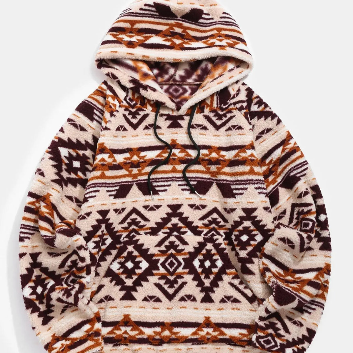 Cream Fleece Hoodie with Geometric Pattern Print