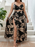Black Leaf Print Cami and Split Maxi Skirt Set