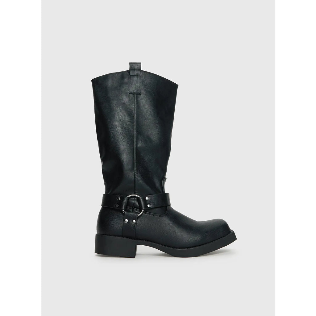 Black Mid-Calf Boots With Harness Strap