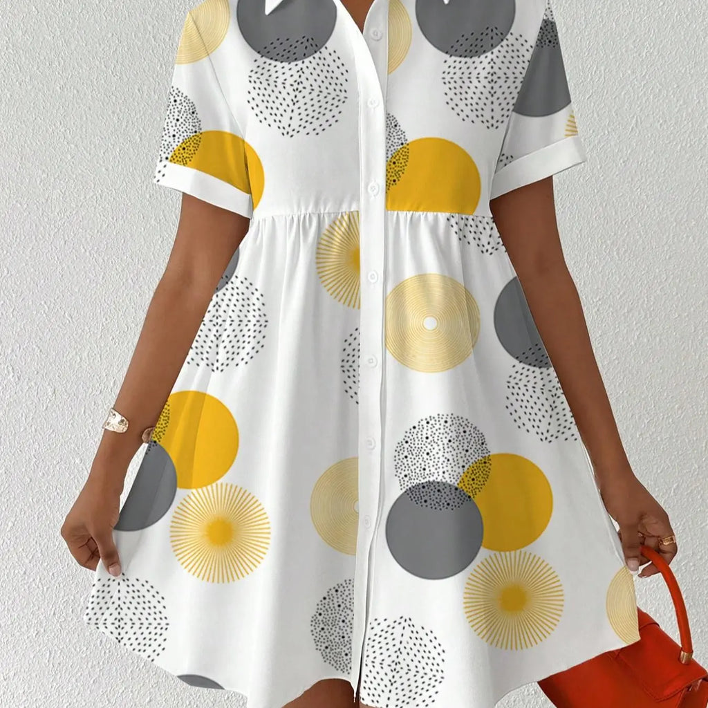 White Short Sleeve Shirt Dress With Pink Circle Print