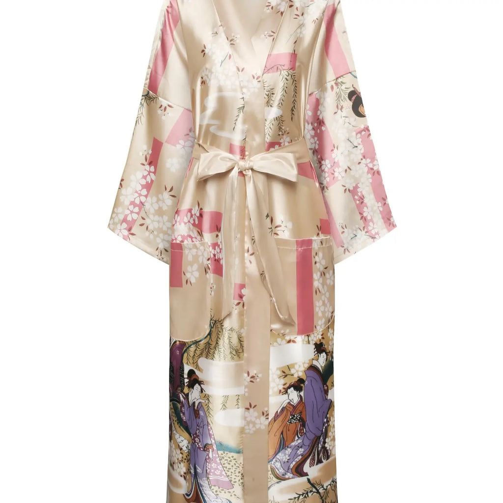 Long Black Satin Robe with Floral Print