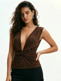 Brown Sleeveless Top with Twisted Waist
