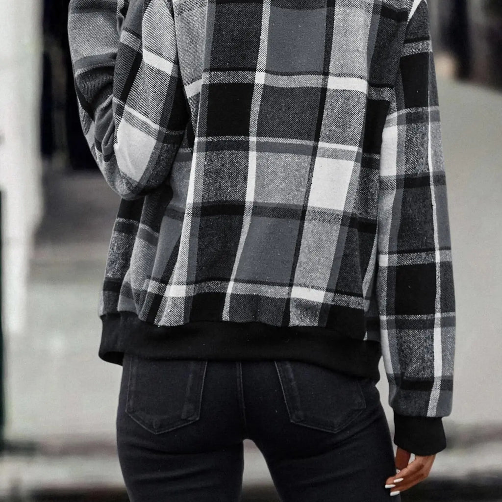 Gray and Black Plaid Zip-Front Bomber Jacket