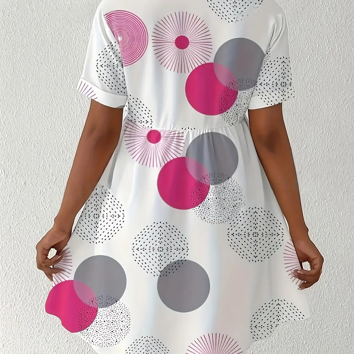 White Short Sleeve Shirt Dress With Pink Circle Print