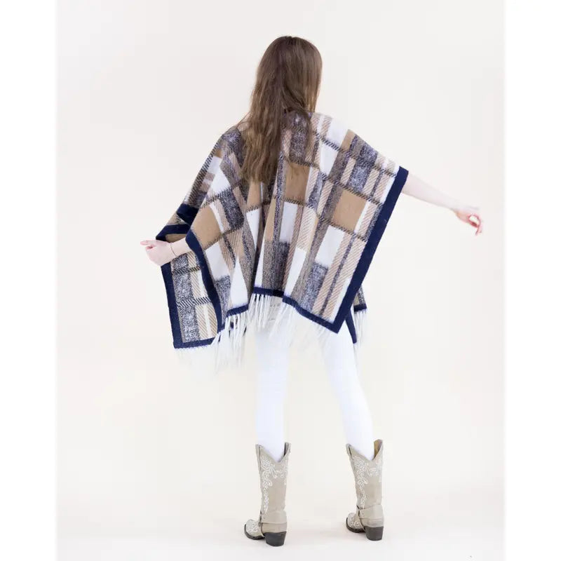 Brown Plaid Open-Front Wrap With Fringe Hem