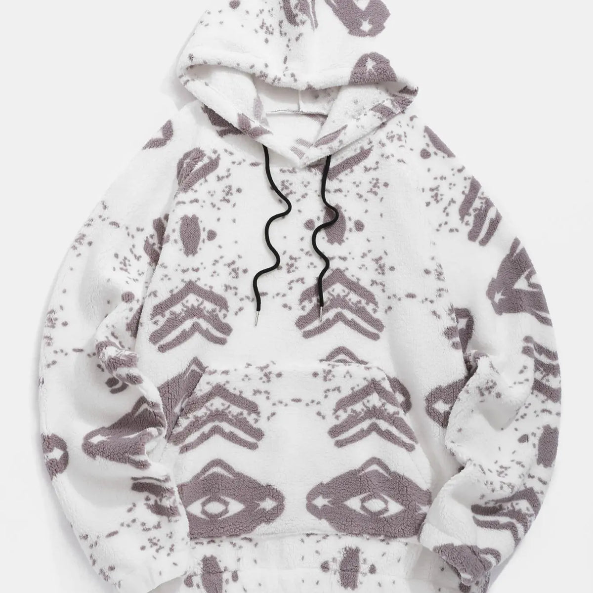 Cream Fleece Hoodie with Geometric Pattern Print