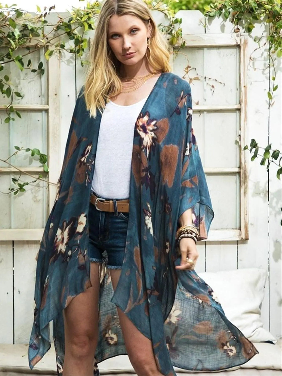 Sheer Teal Floral Kimono Cover-Up with Wide Sleeves