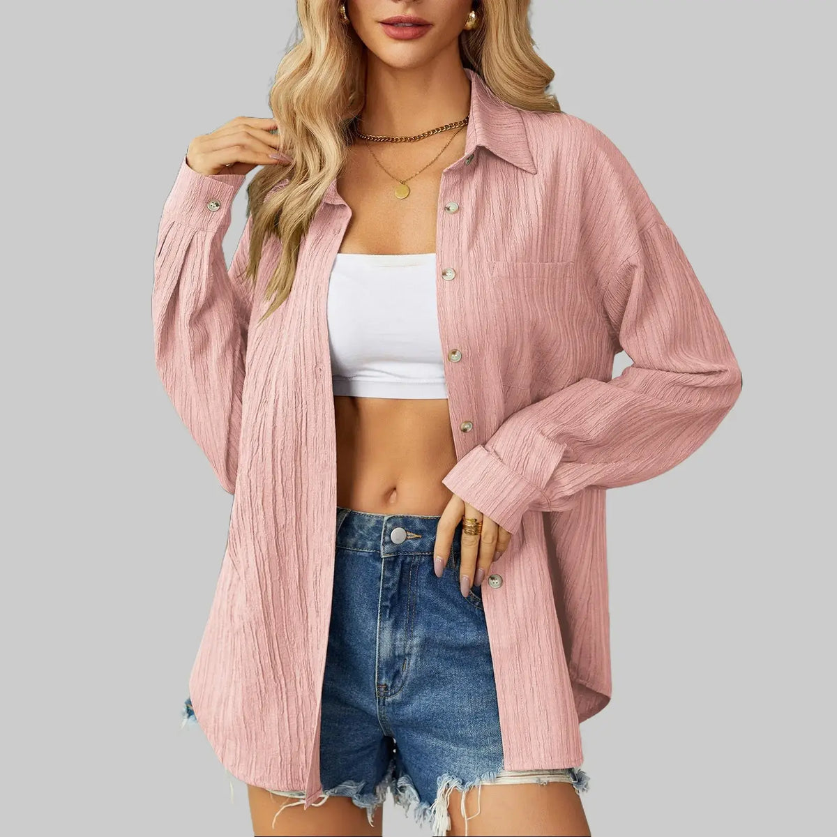 Pink Textured Button-Up Collared Loose Blouse