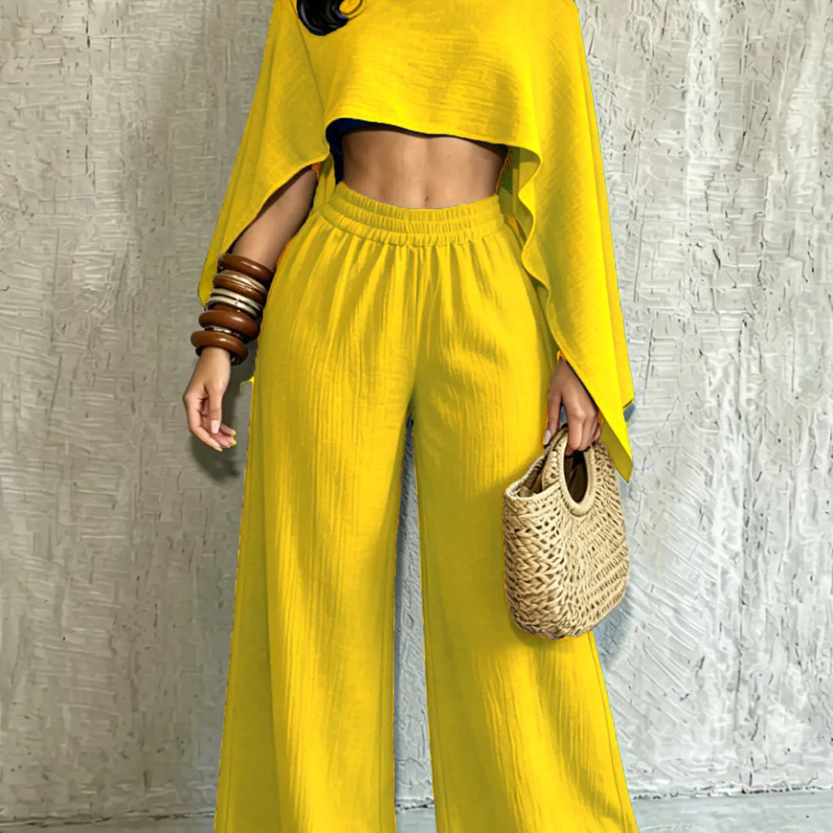 Beige Two-Piece Set With Cape Sleeve Top