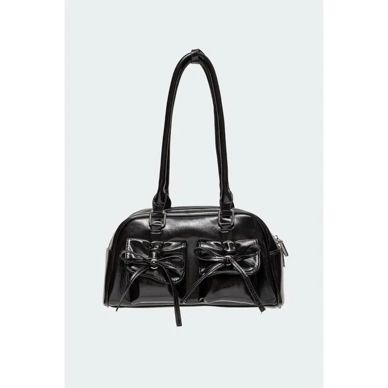 Black Glossy Shoulder Bag with Bow Pockets