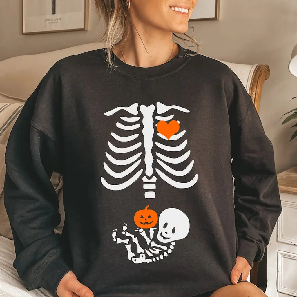 Black Crew Neck Sweatshirt with Skeleton Print