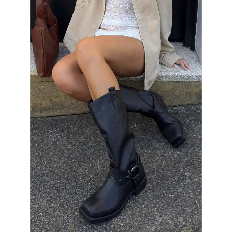 Black Mid-Calf Boots With Harness Strap