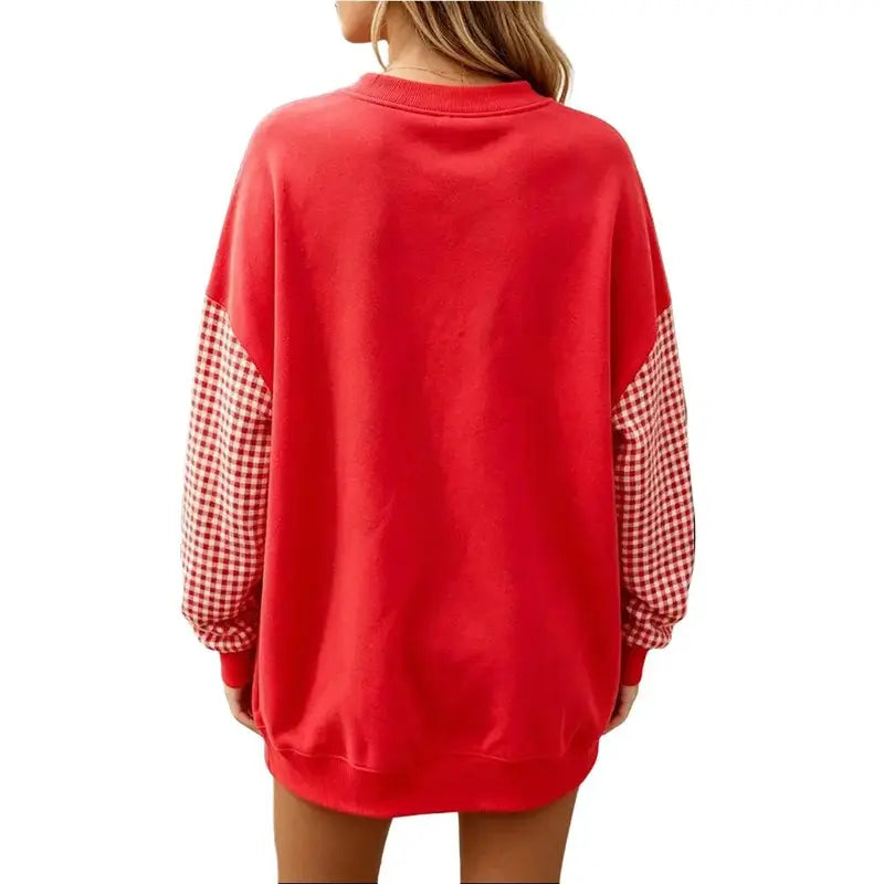 Red Crewneck Sweatshirt with Gingham Sleeves