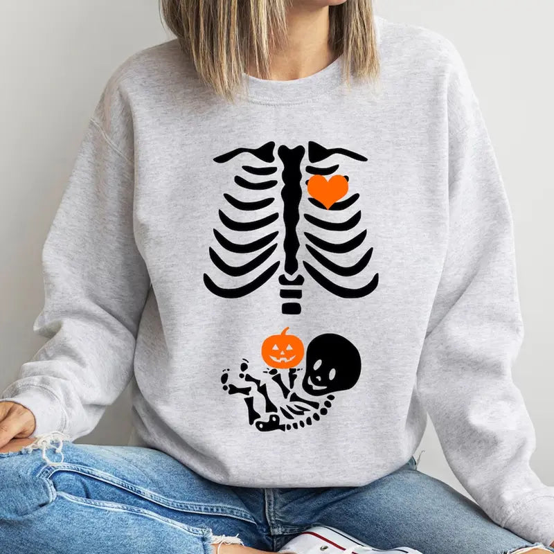 Black Crew Neck Sweatshirt with Skeleton Print