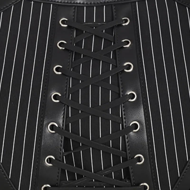 Black Pinstripe Handbag with Lace-Up Front