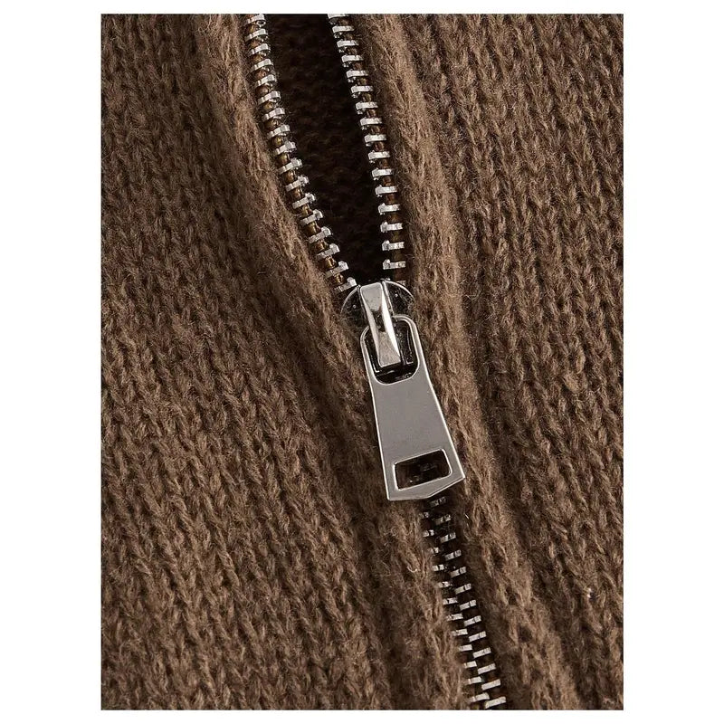Brown Knit Zip Cardigan with Faux Fur Collar