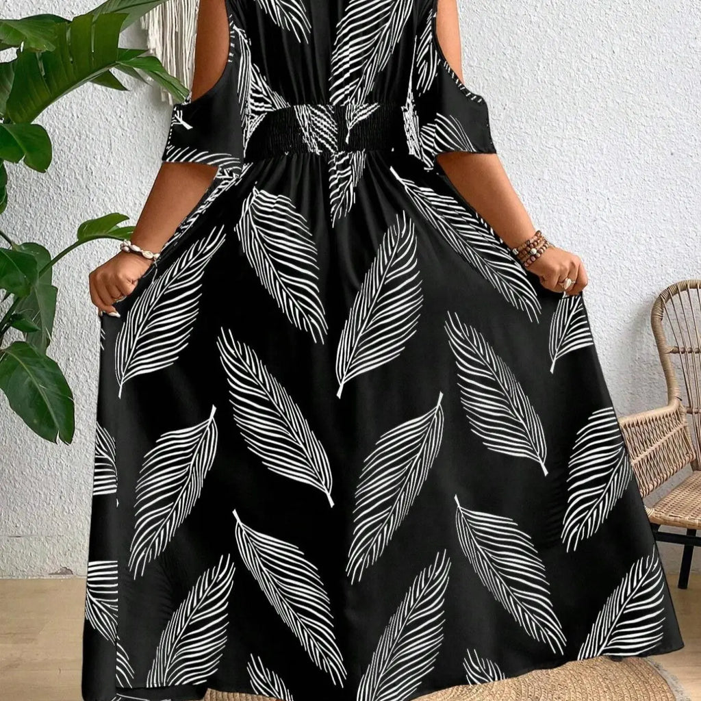 White Feather Print Maxi Dress with Split Hem