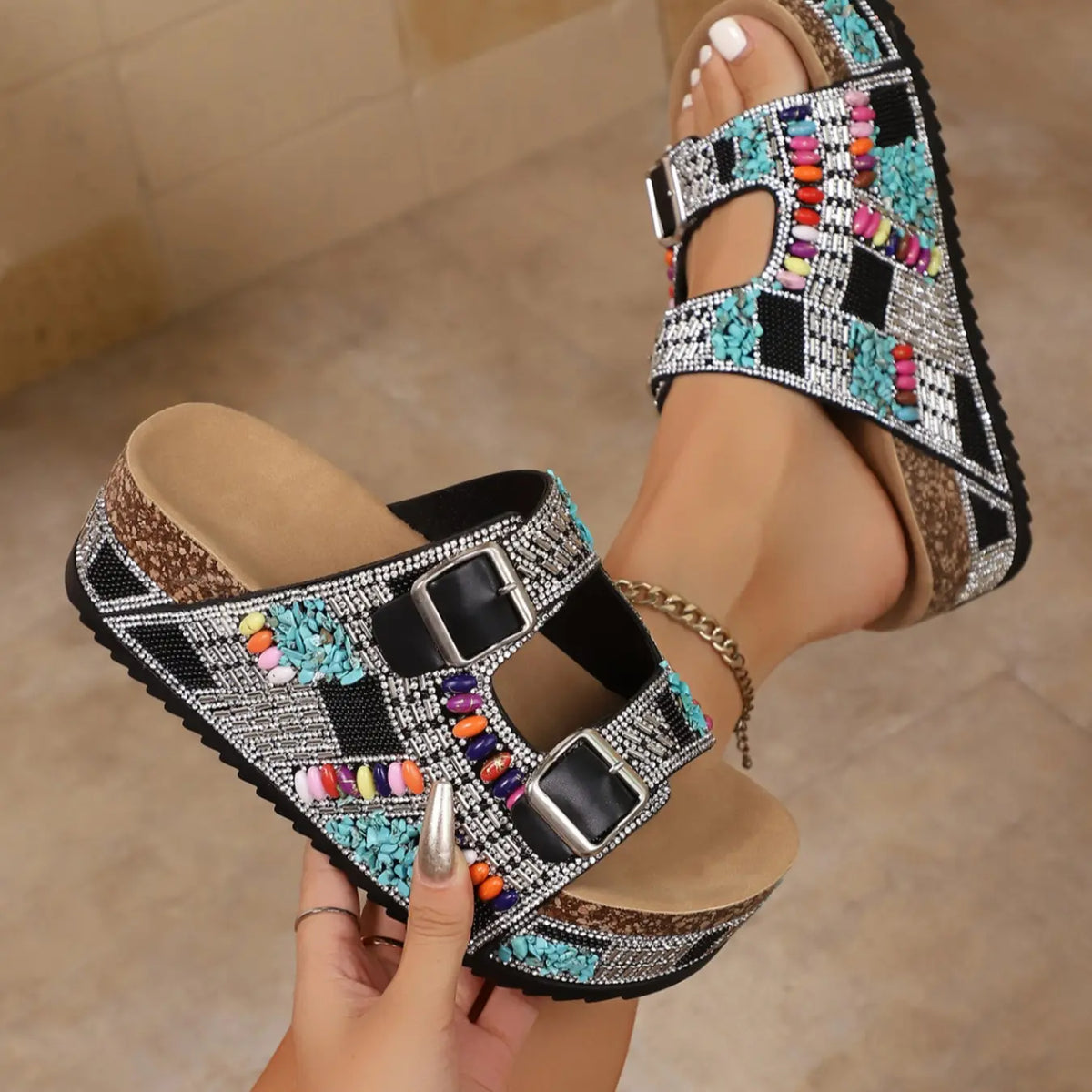 Beaded Pink Platform Slide Sandals with Buckles