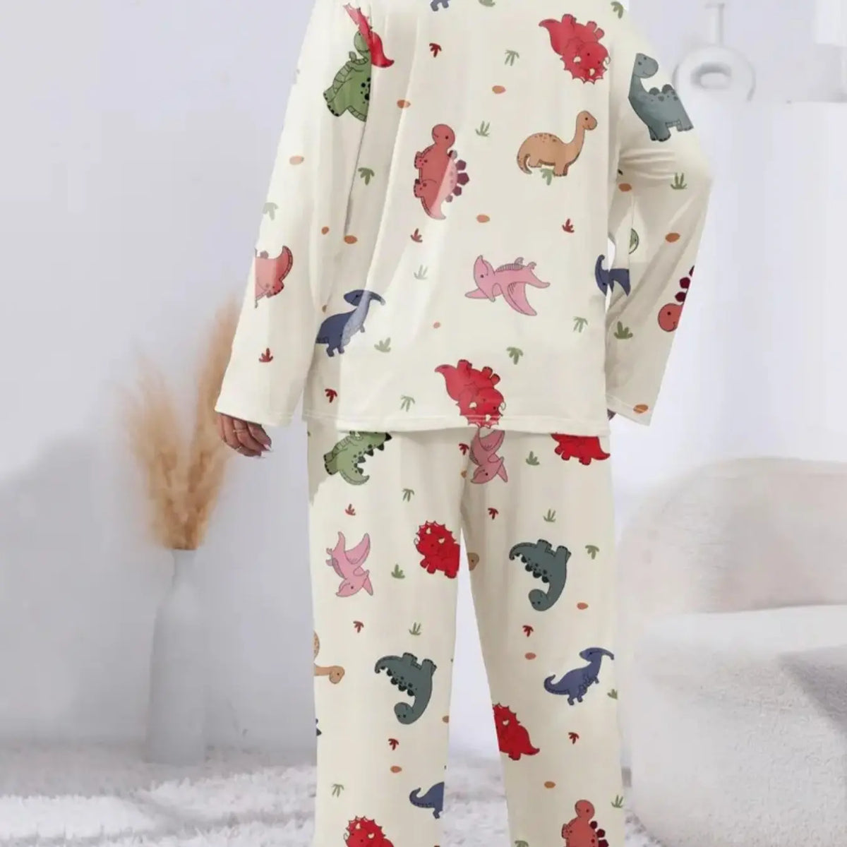 Cream Long Sleeve Pajama Set with Dinosaur Print