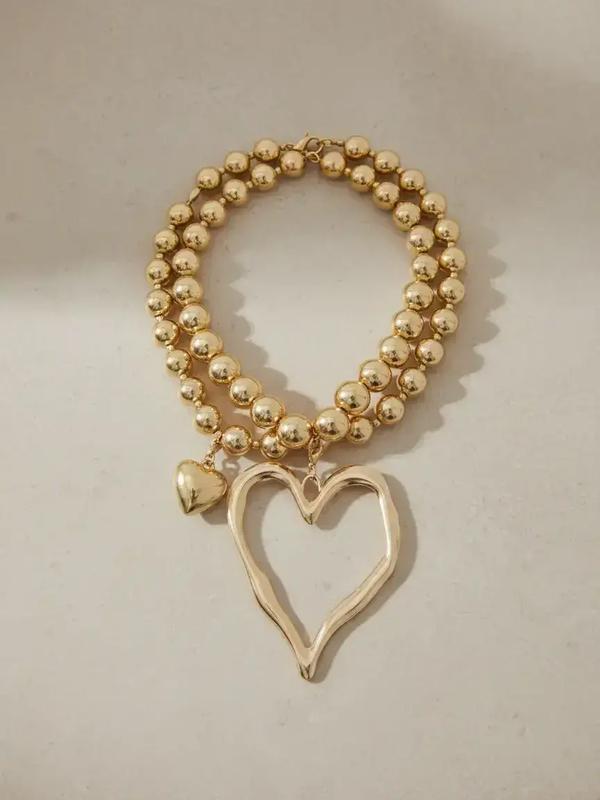 Gold-Tone Beaded Necklace with Heart Pendants