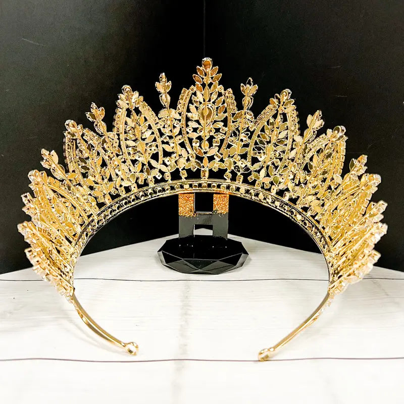 Gold Tone Crystal Crown with Leaf Shaped Stones