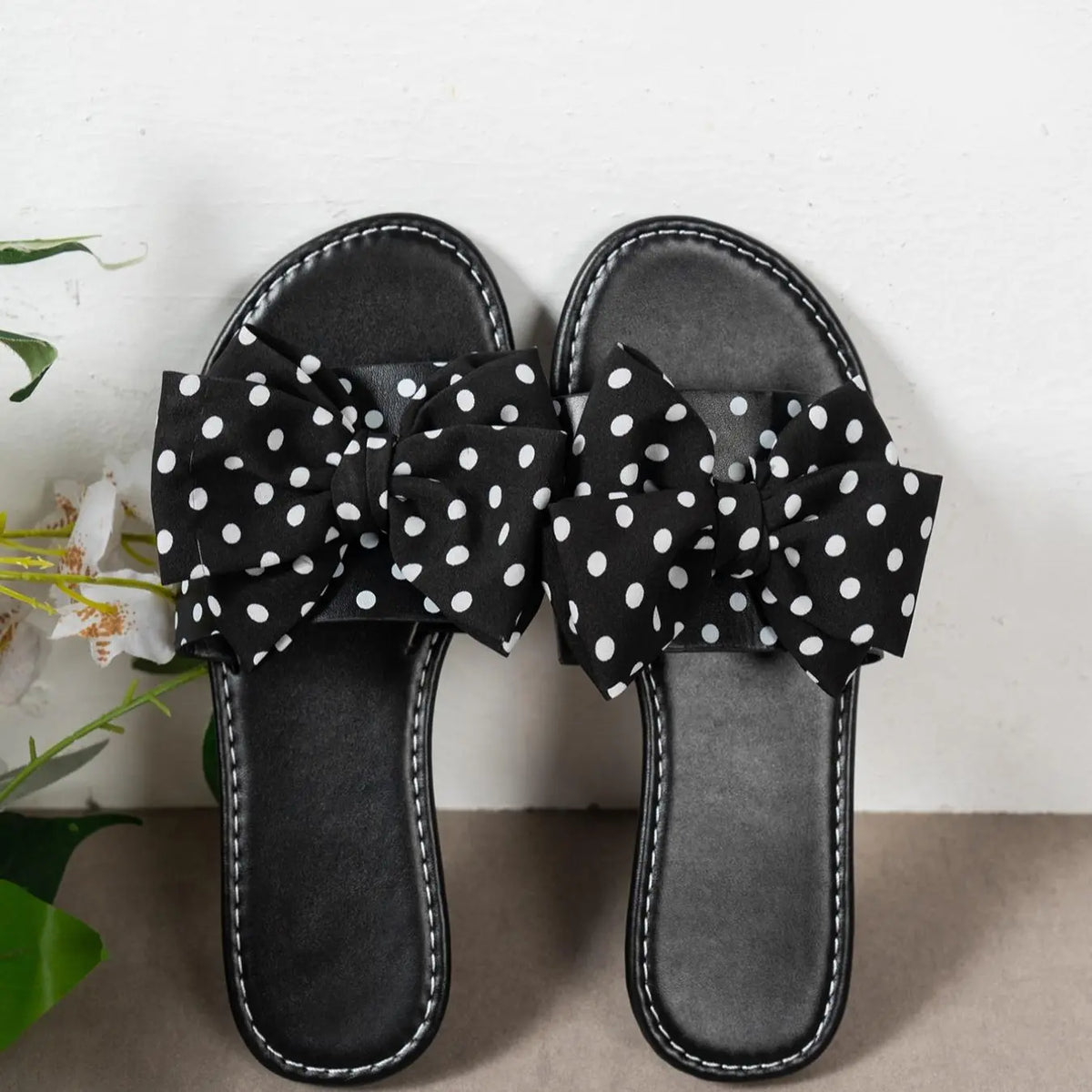 Black Open-Toe Slide Sandals with Fabric Bow