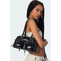Black Glossy Shoulder Bag with Bow Pockets