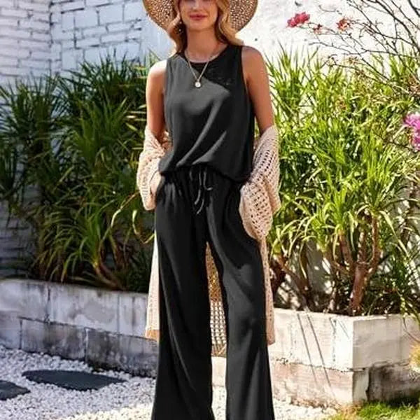 Black Sleeveless Top and Wide Leg Pants Set