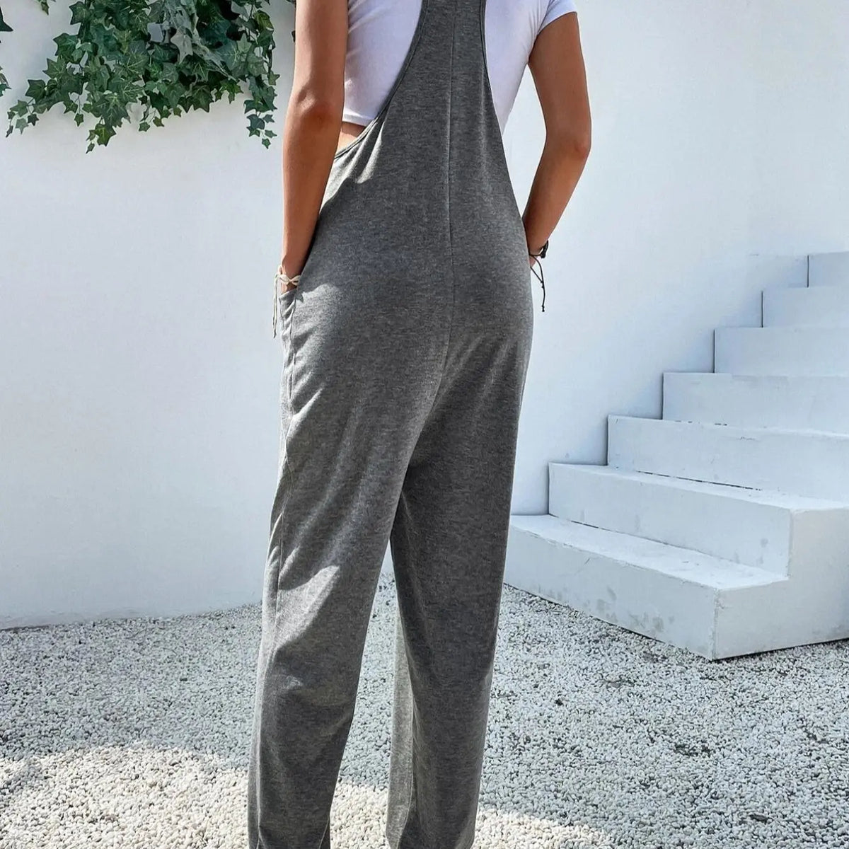 Grey Sleeveless Knit Jumpsuit with Pockets