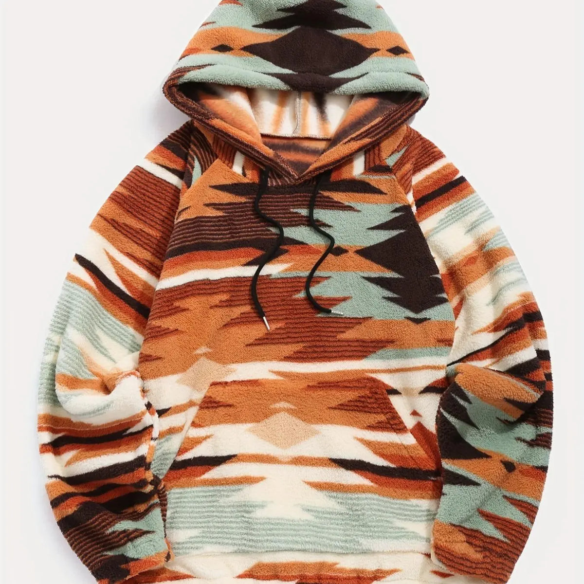 Cream Fleece Hoodie with Geometric Pattern Print