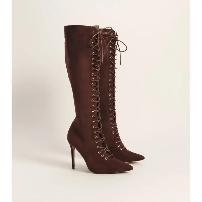 Brown Suede Lace-Up Knee High Stiletto Boots