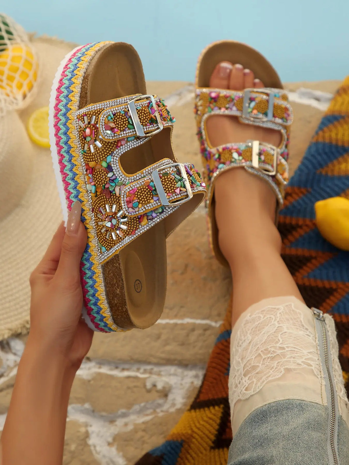 Beaded Rhinestone Platform Slide Sandals with Buckles