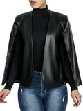 Black Faux Leather Open-Front Cape Jacket