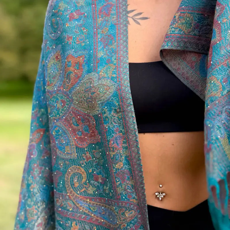 Teal Paisley Pashmina Shawl With Fringe