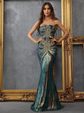 Strapless Teal Sequin Mermaid Evening Gown