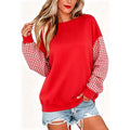 Red Crewneck Sweatshirt with Gingham Sleeves