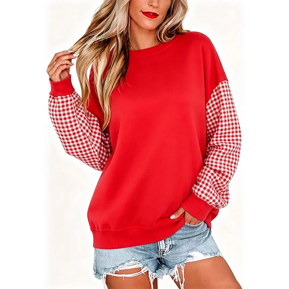 Red Crewneck Sweatshirt with Gingham Sleeves