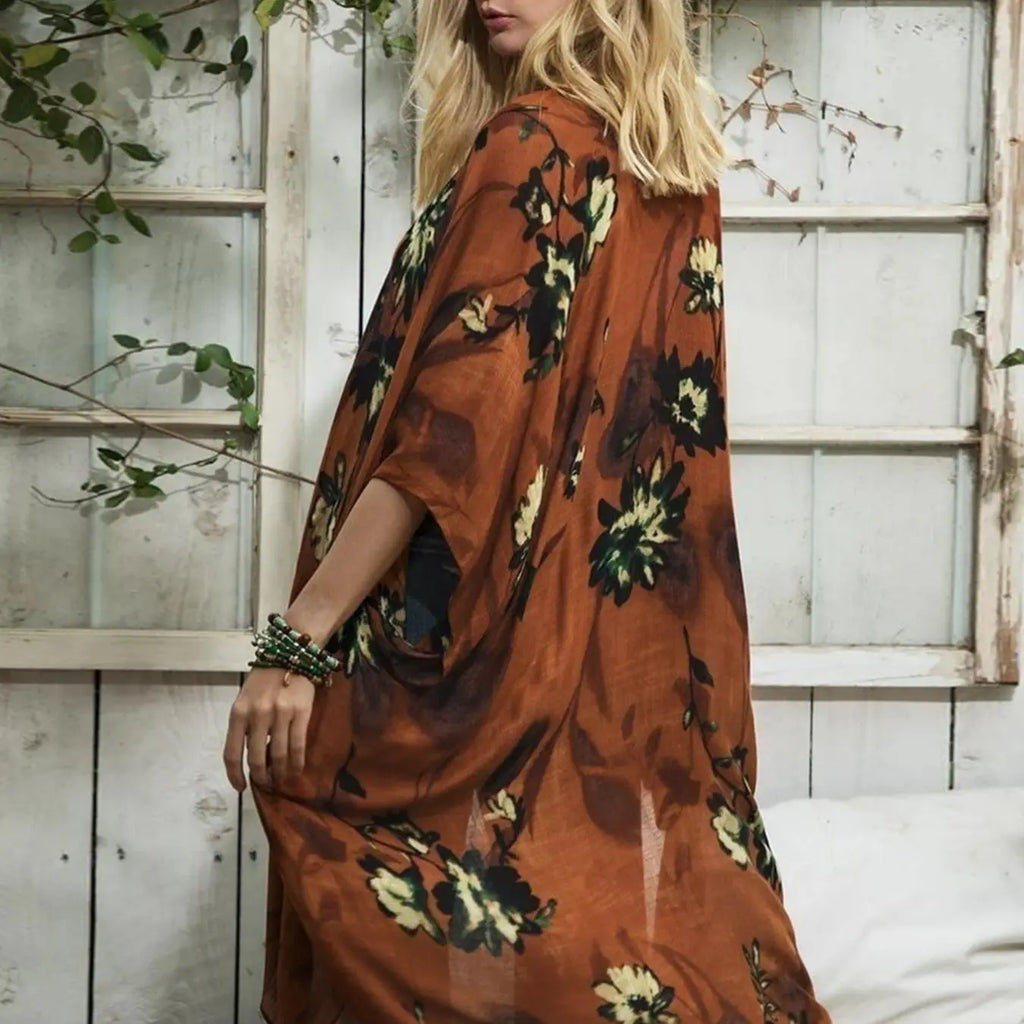 Sheer Teal Floral Kimono Cover-Up with Wide Sleeves