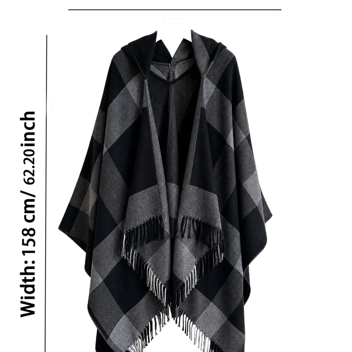 Black and Grey Plaid Hooded Fringe Wrap