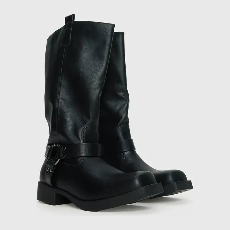 Black Mid-Calf Boots With Harness Strap