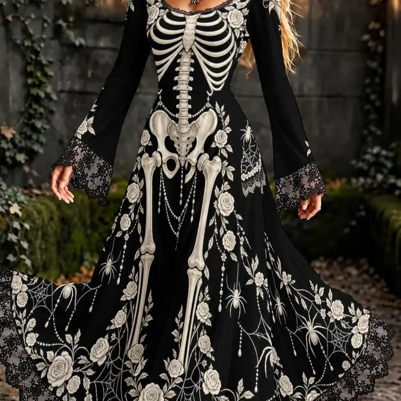 Black Long Sleeve Maxi Dress with Skeleton Print