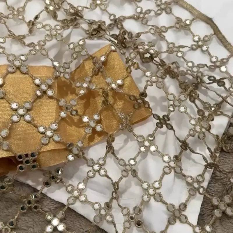 Gold Beaded Net Dupatta Scarf with Open Mesh