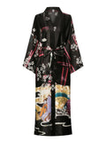 Long Black Satin Robe with Floral Print