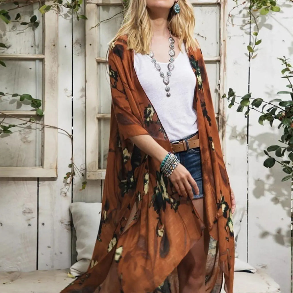 Sheer Teal Floral Kimono Cover-Up with Wide Sleeves