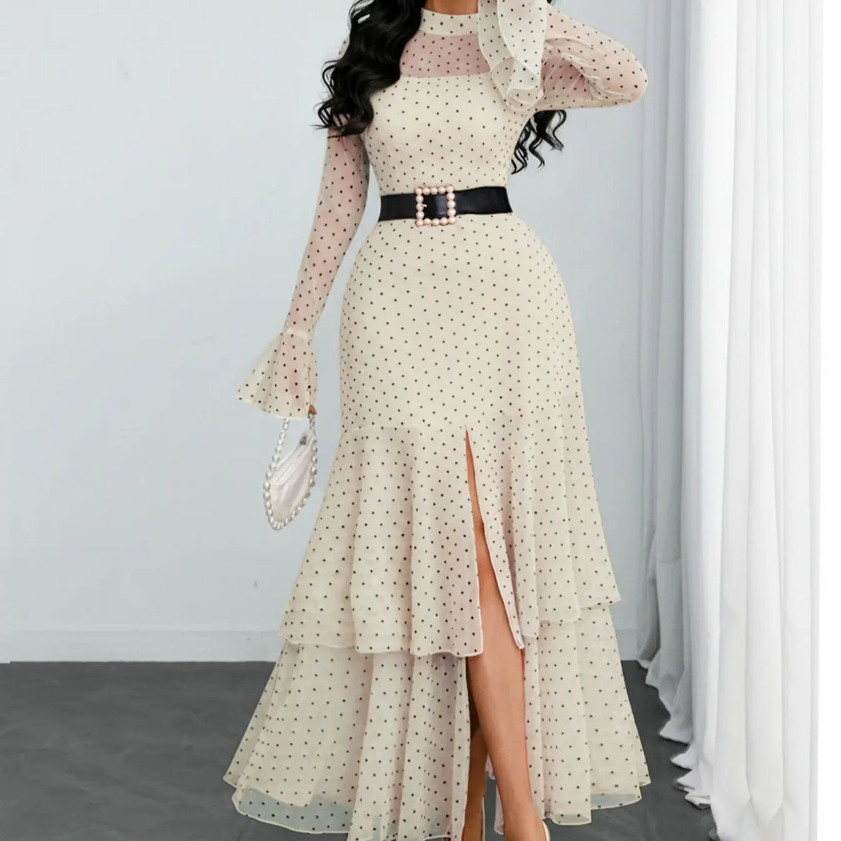 Black Polka Dot Mesh Layered Long Sleeve Dress