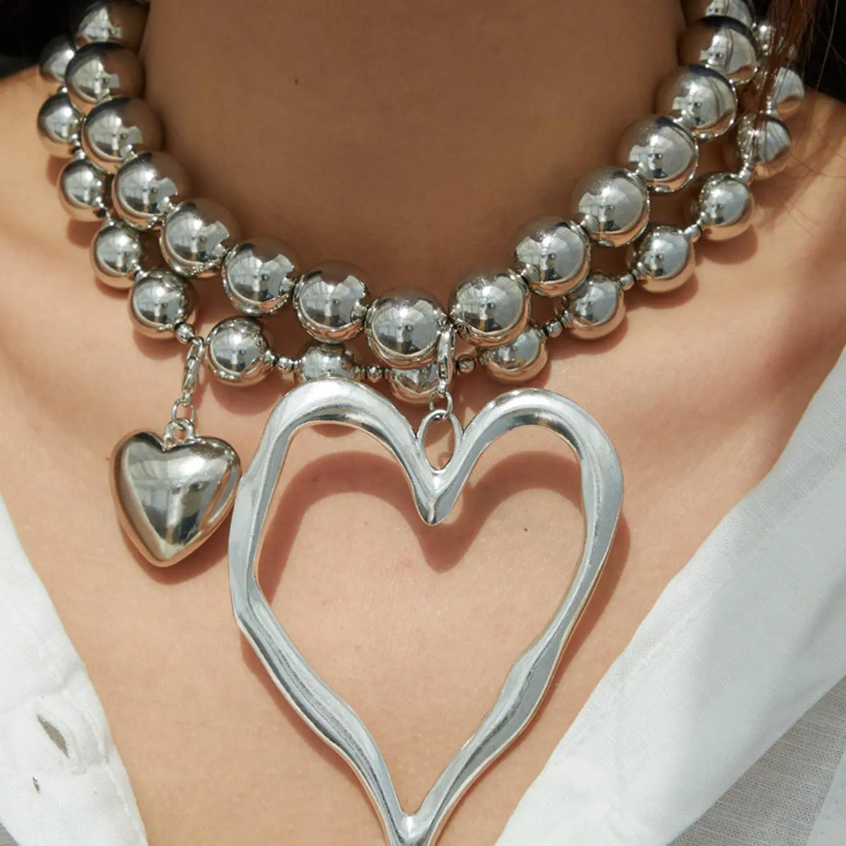 Gold-Tone Beaded Necklace with Heart Pendants