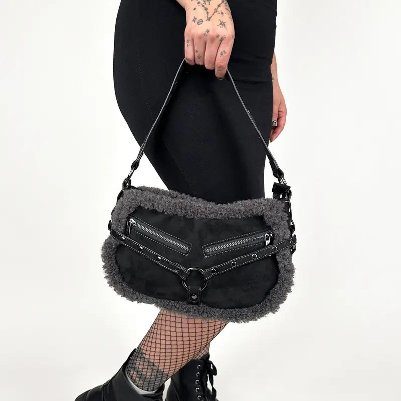 Black Suede Shoulder Bag With Fleece Trim